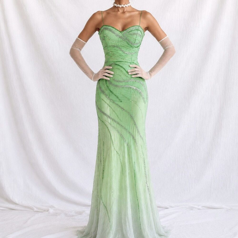 Vintage Y2K 90s Green Strapless Ombre Fit Flared Beaded Prom Maxi Dress Size S